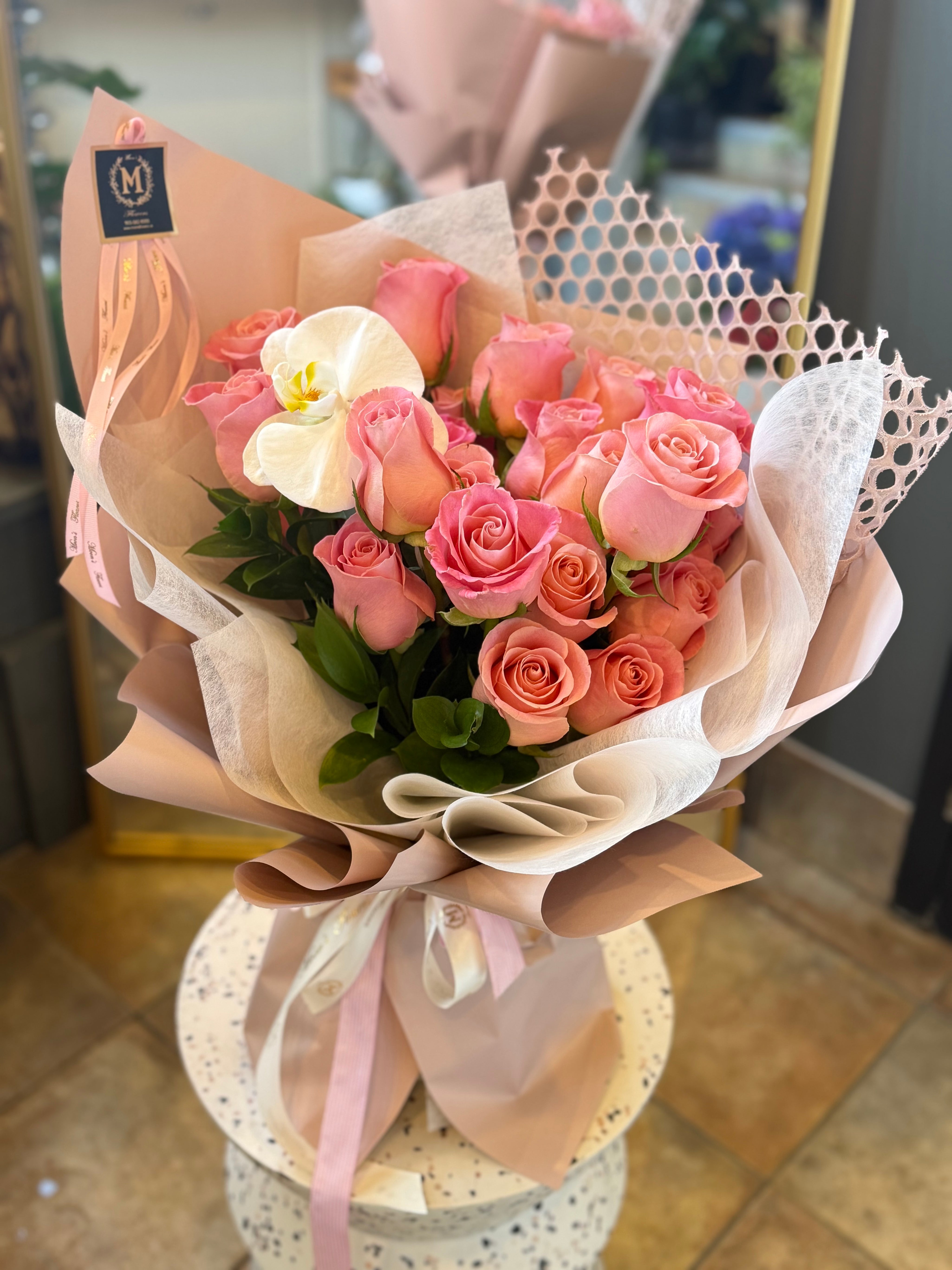 Send My Love ( 2 dozen roses with white orchid )