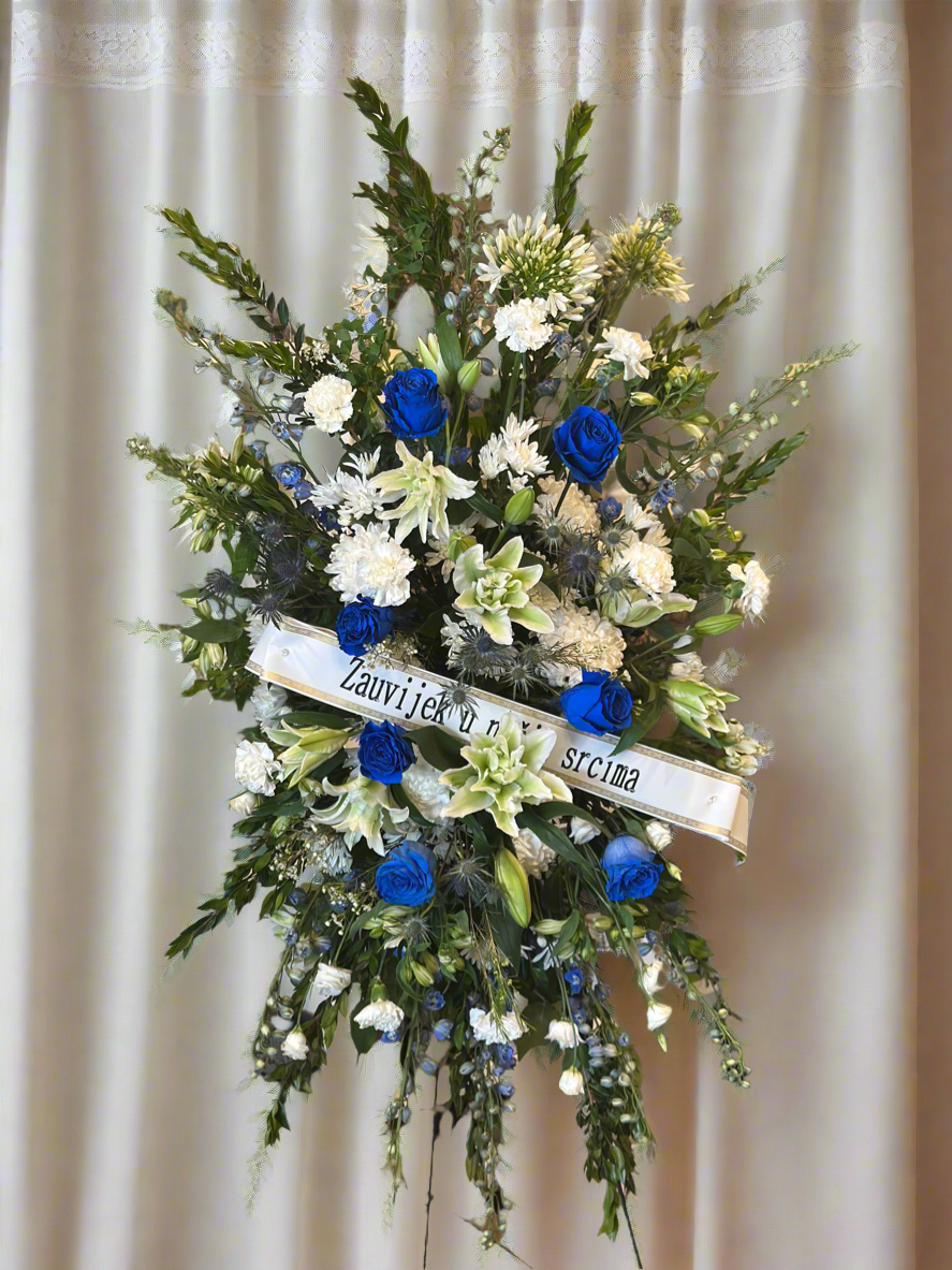 White & Blue Standing Funeral Spray