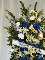 White & Blue Standing Funeral Spray