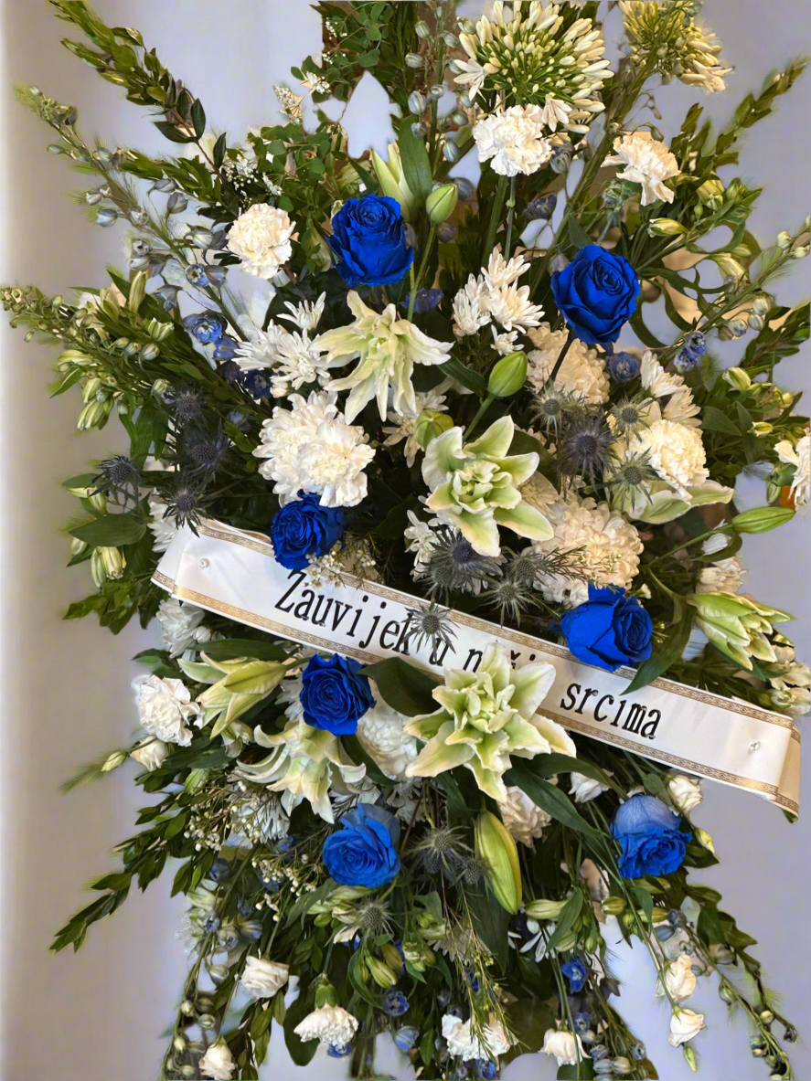 White & Blue Standing Funeral Spray