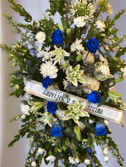 White & Blue Standing Funeral Spray
