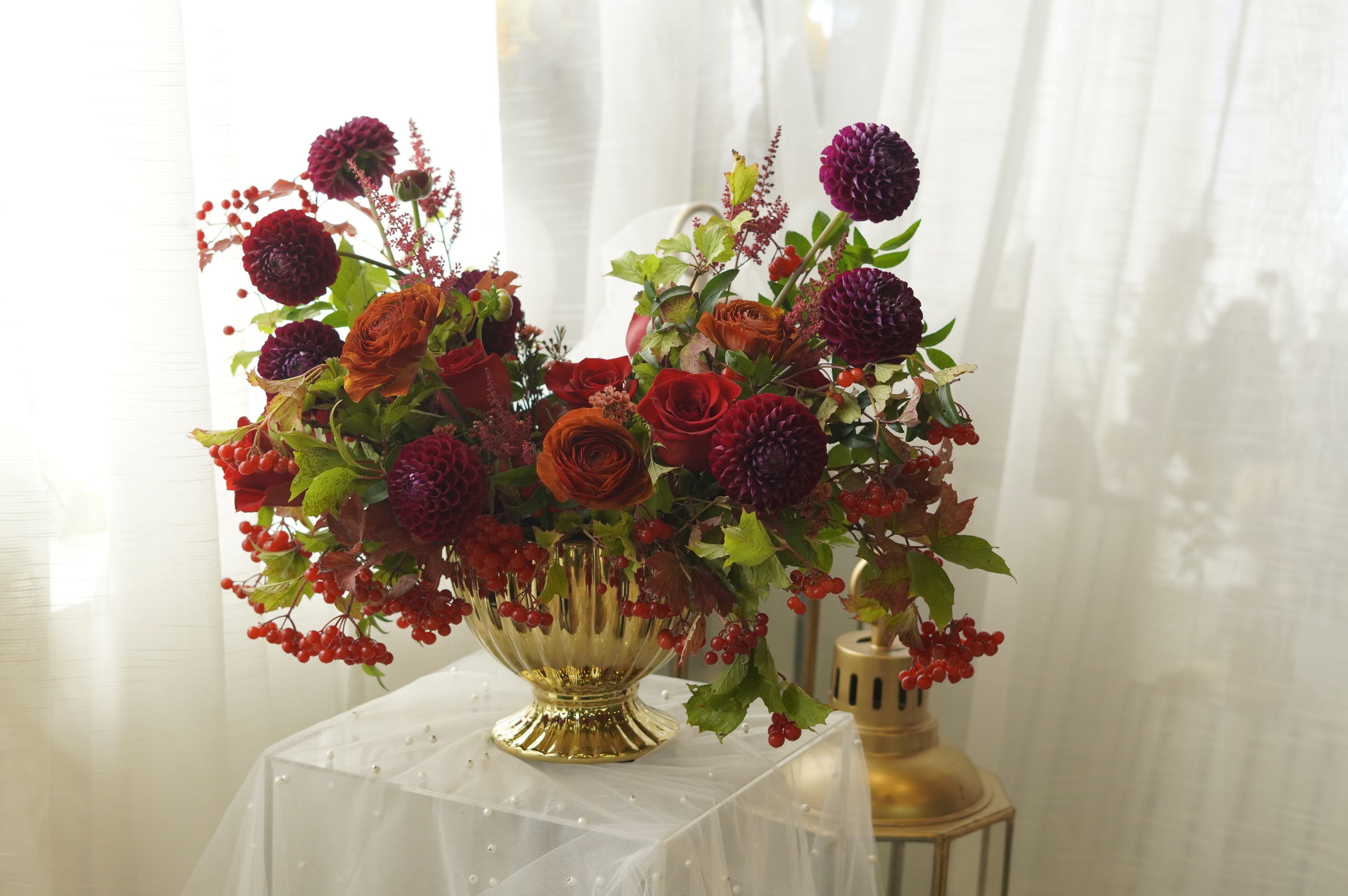 utumn Romance luxury flower arrangement in a gold urn — Toronto flower delivery