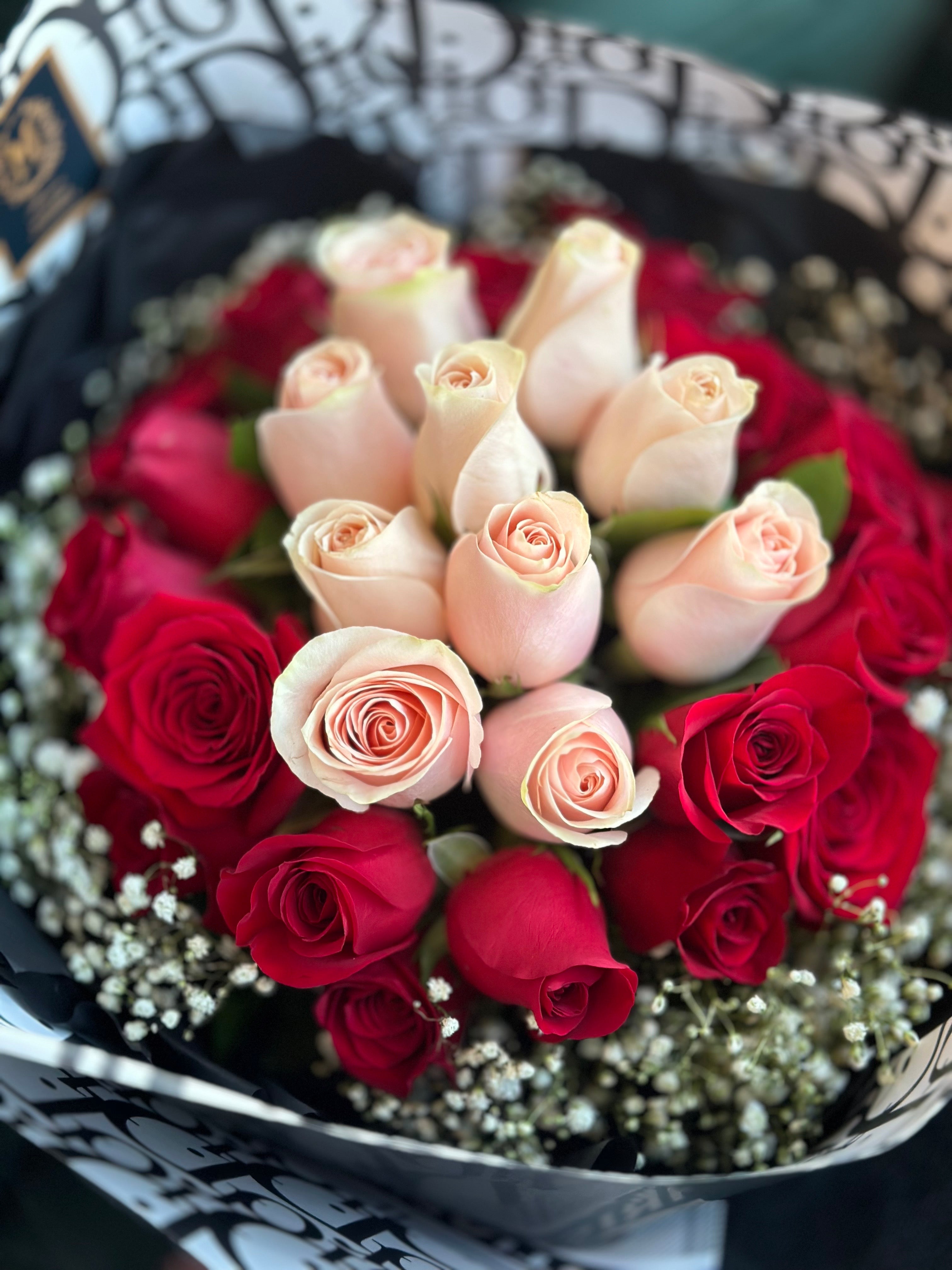 30 Red & Pink Roses with Baby Breath