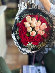 Valentine's Day - 30 Red & Pink Roses with Baby Breath