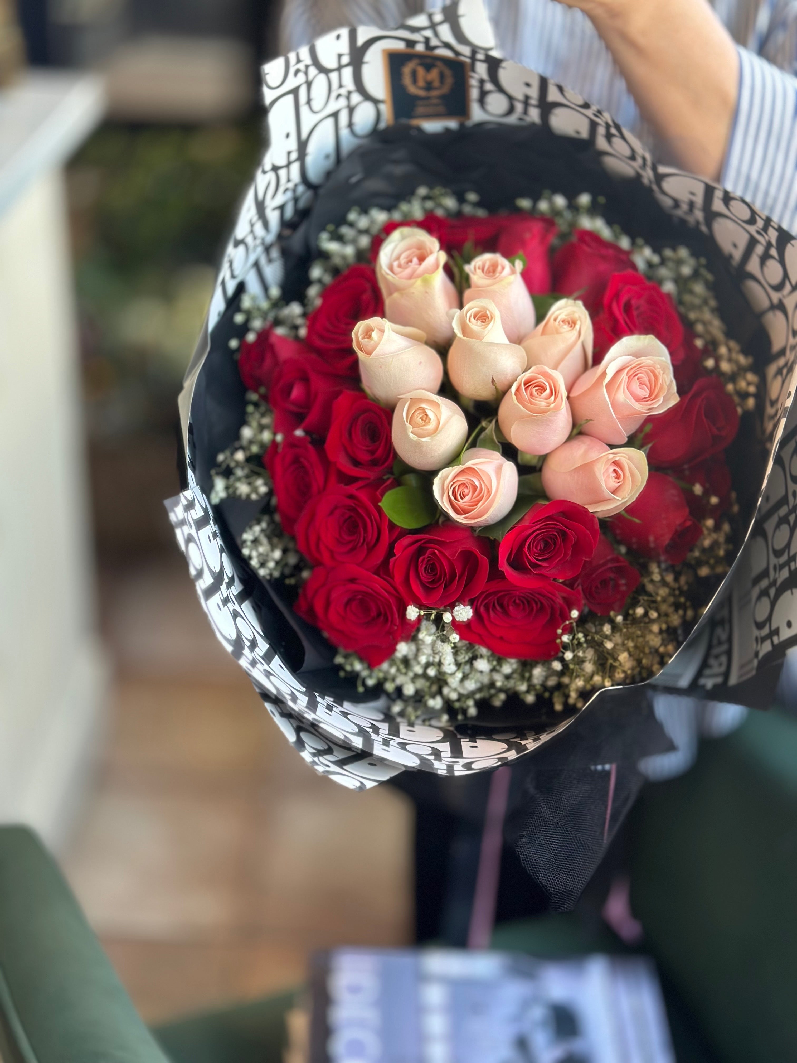 30 Red & Pink Roses with Baby Breath