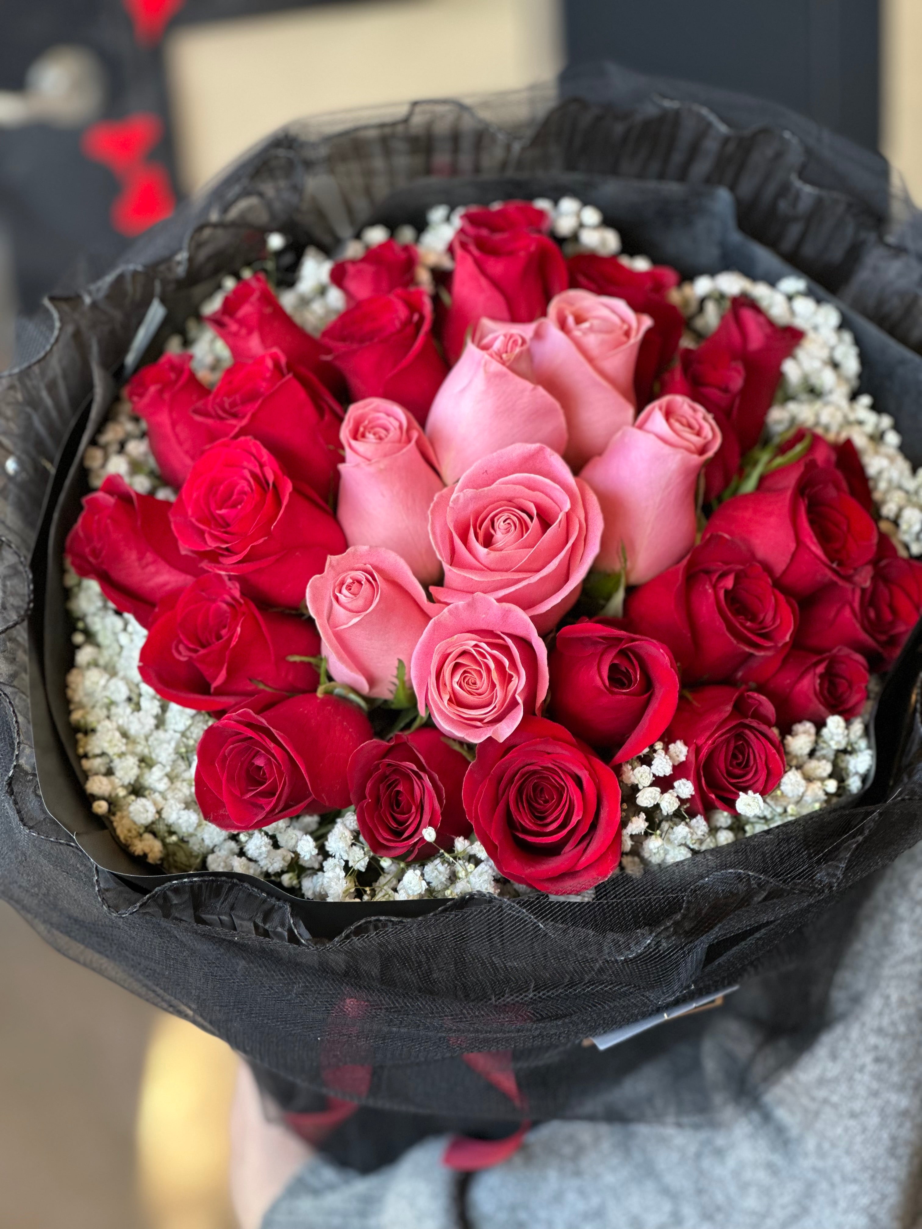 30 Red & Pink Roses with Baby Breath