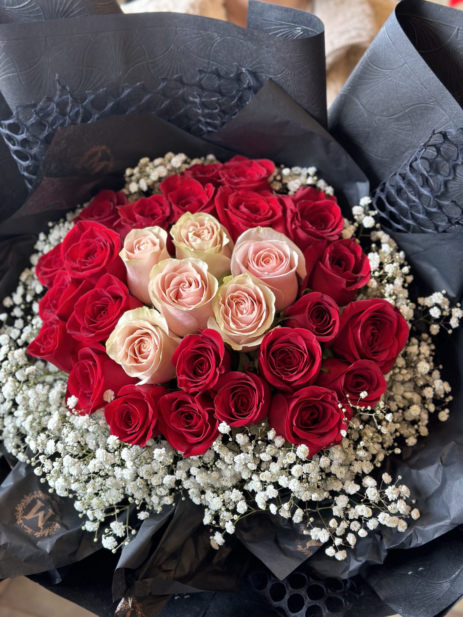 30 Red & Pink Roses with Baby Breath