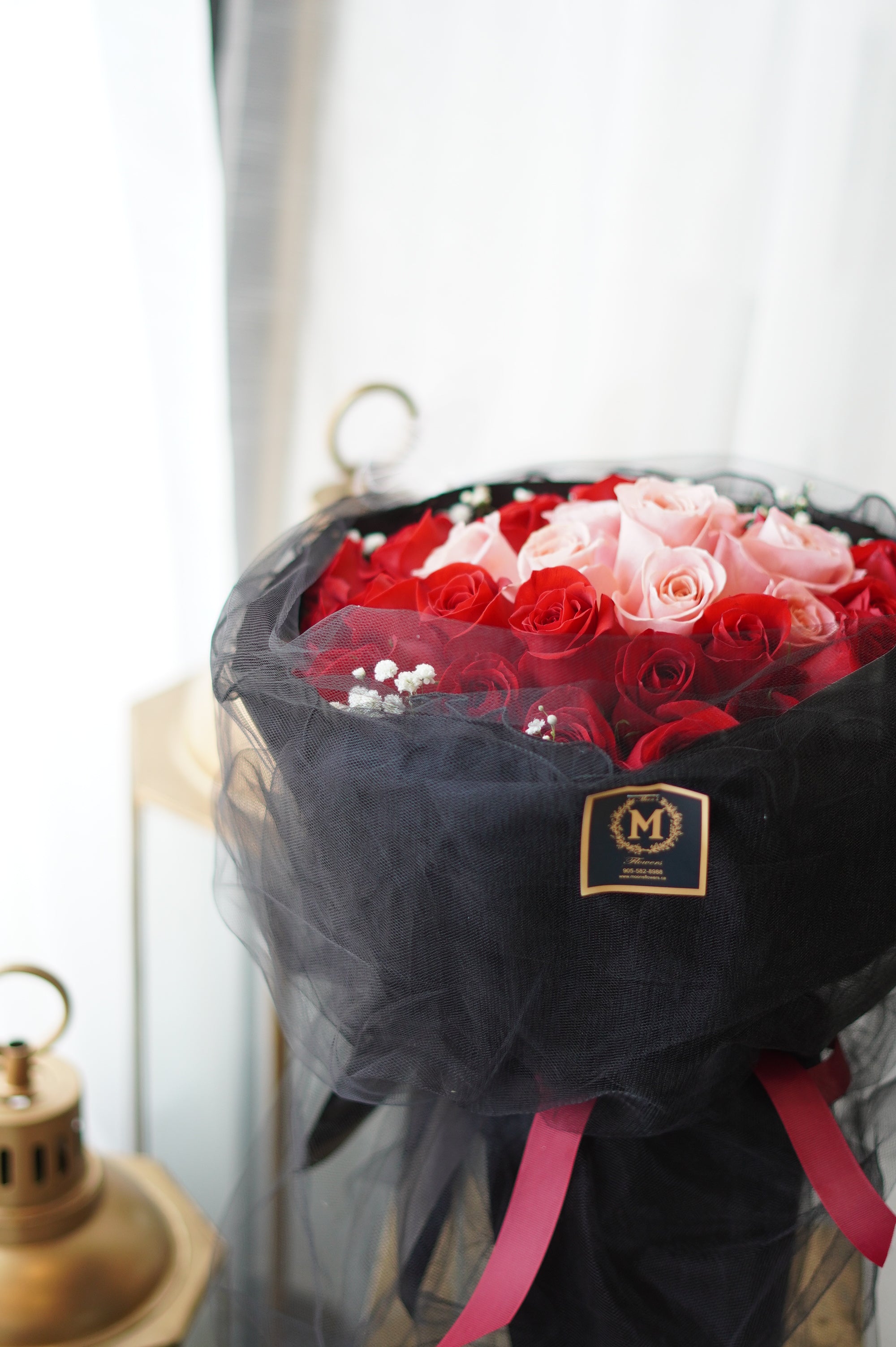 Valentine's Day - 30 Red & Pink Roses with Baby Breath