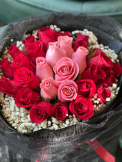 30 Red & Pink Roses with Baby Breath