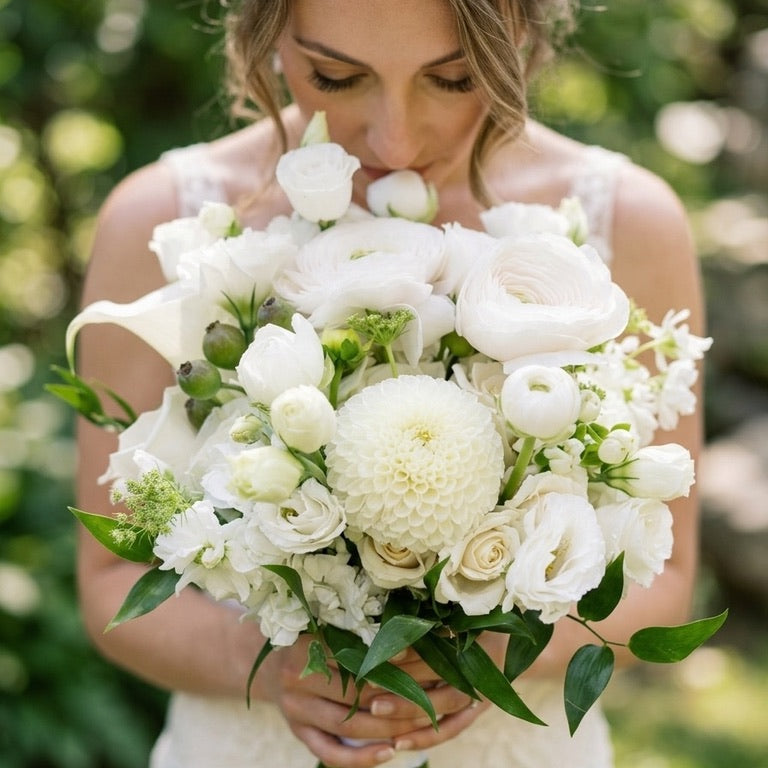 all white bridal bouquet ranunculus roses dahlia wedding flowers Toronto Moon’s Flowers