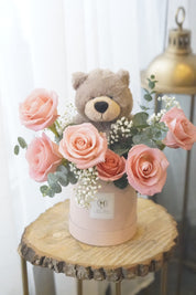 6 Pink Roses with pink Bear