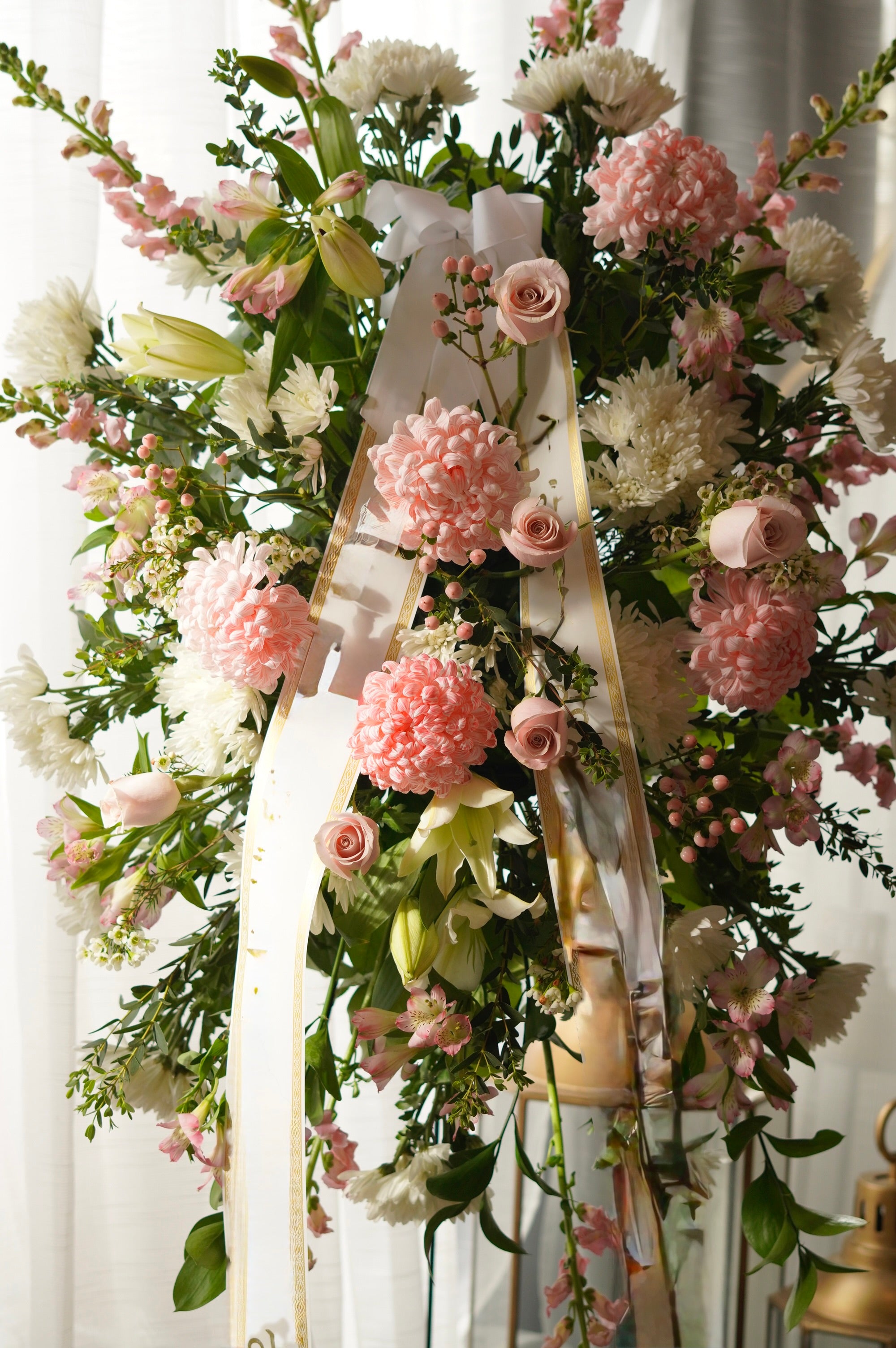 White & Pink Standing Funeral Spray