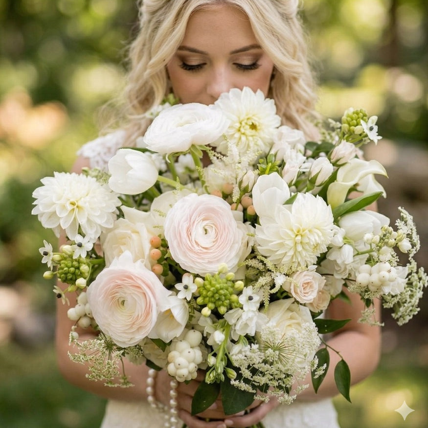 large blush white bridal bouquet ranunculus garden roses luxury wedding flowers Toronto Moon’s Flowers