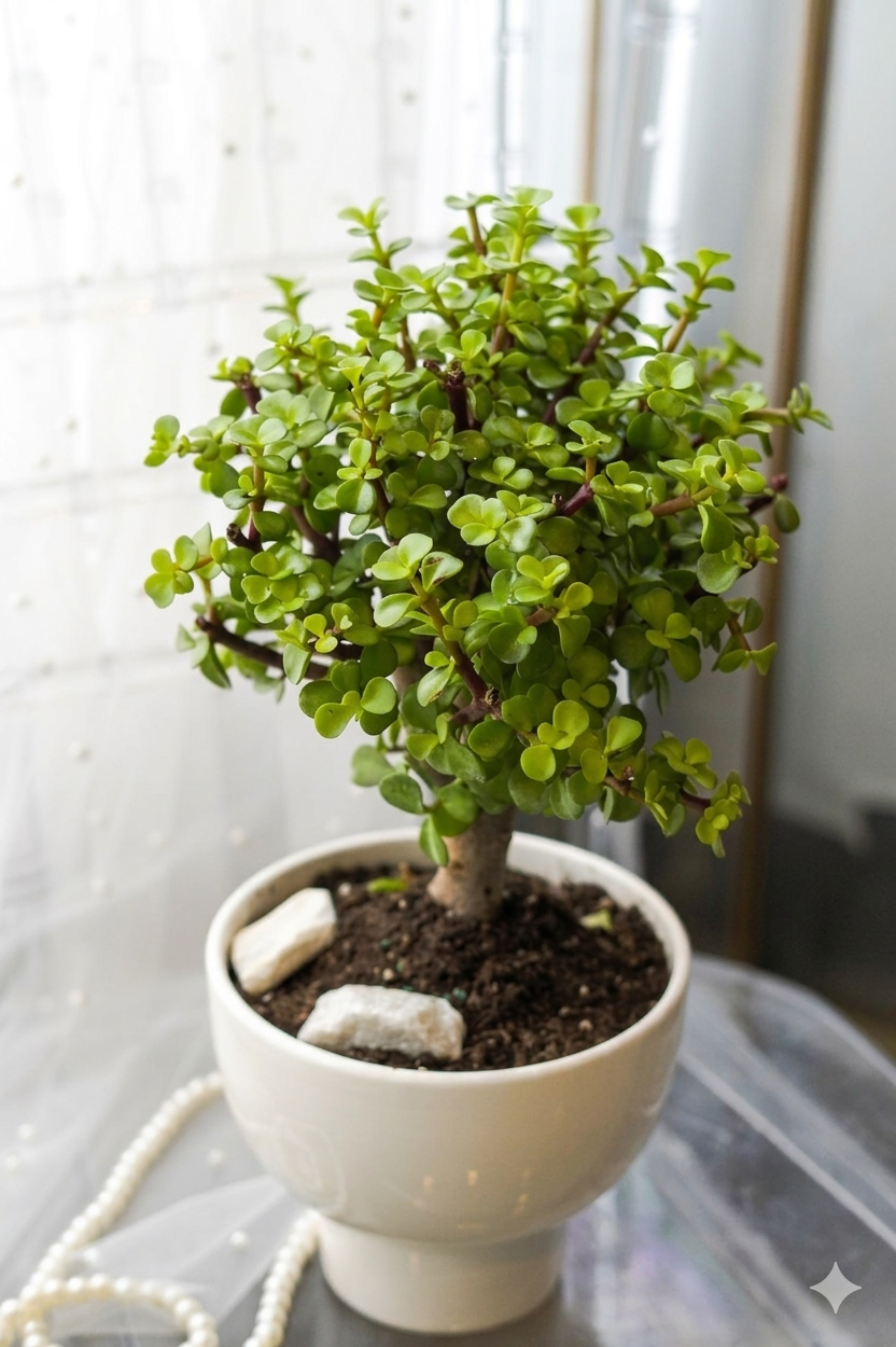 A potted Dwarf Jade Bonsai (Elephant Bush) plant in a minimalist white ceramic footed bowl, decorated with two white accent stones on the dark soil, available for plant delivery in Toronto and the GTA.