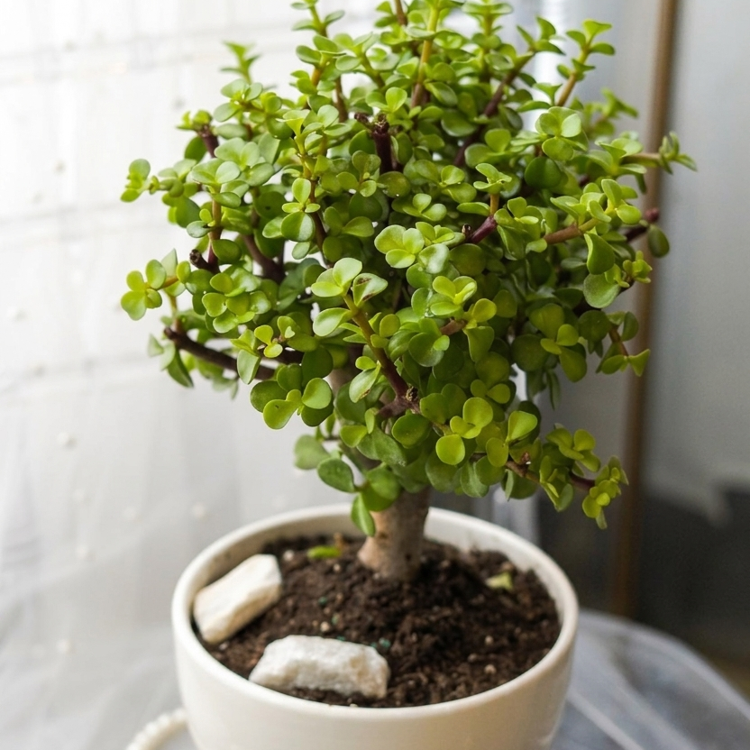 A potted Dwarf Jade Bonsai (Elephant Bush) plant in a minimalist white ceramic footed bowl, decorated with two white accent stones on the dark soil, available for plant delivery in Toronto and the GTA.