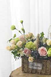 Farmhouse-style basket with blush pink roses, green accent flowers. perfect for rustic Mother's Day Gift/ Moon's Flowers 