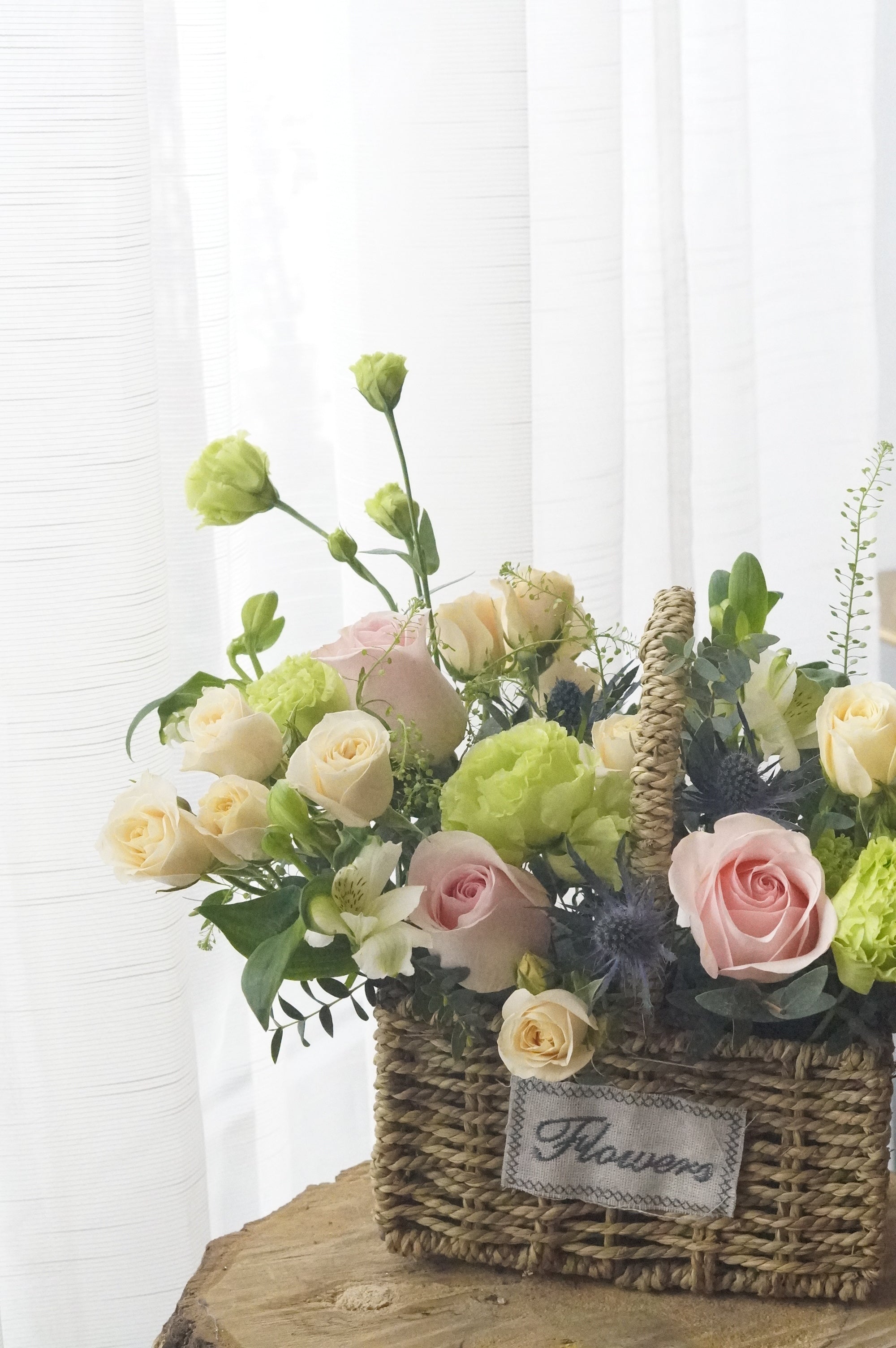 Farmhouse-style basket with blush pink roses, green accent flowers. perfect for rustic Mother's Day Gift/ Moon's Flowers 