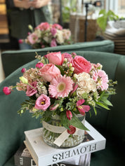Chic pink flower box alternative in a glass vase. 'Pretty Pink