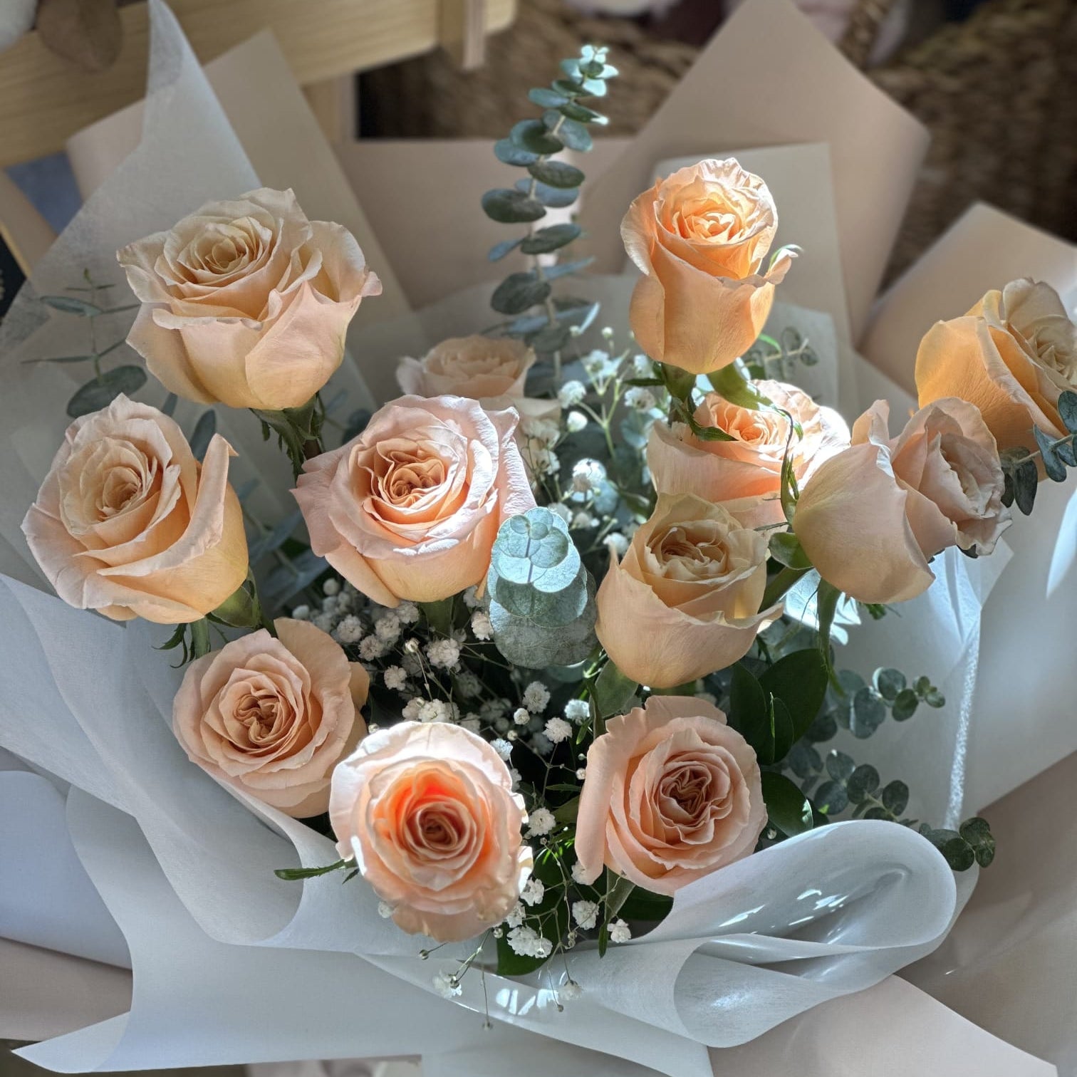 Close-up of peach shimmer roses showing their soft peach tone
