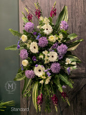 White & Purple Standing Funeral Spray