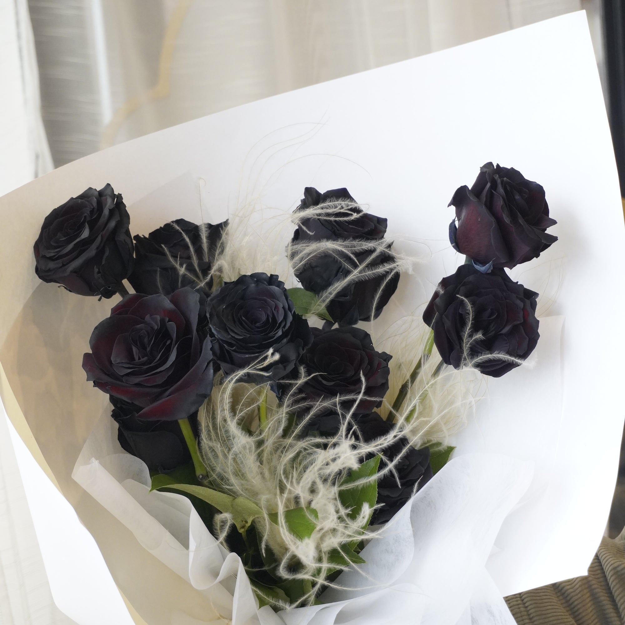 Front view of the bouquet, including wrapping paper.