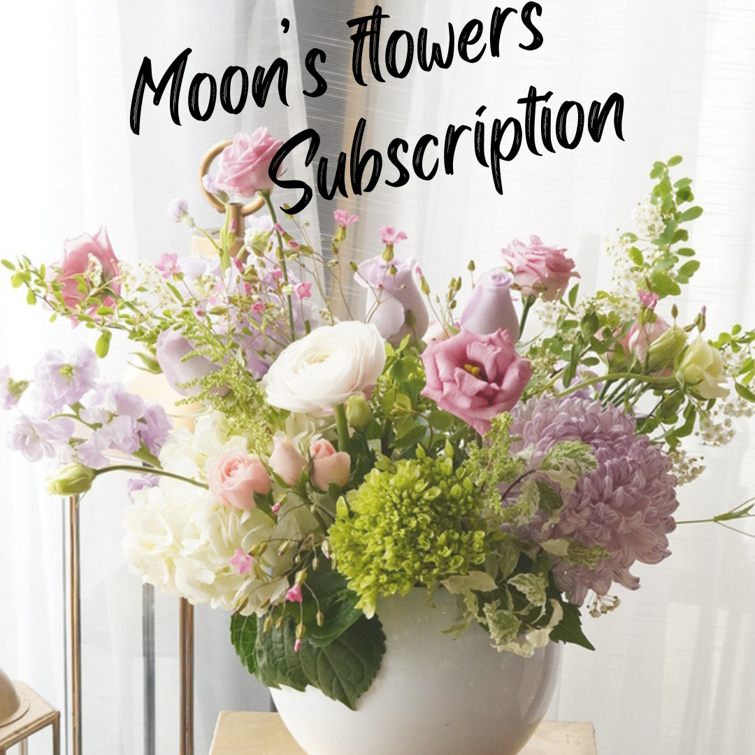 Moon's Flowers Designer's Choice flower arrangement subscription in a white vase with seasonal pink and purple flowers