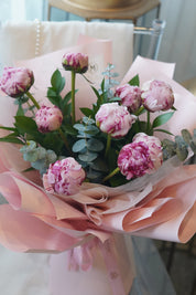 soft romantic peony bouquet eucalyptus detail