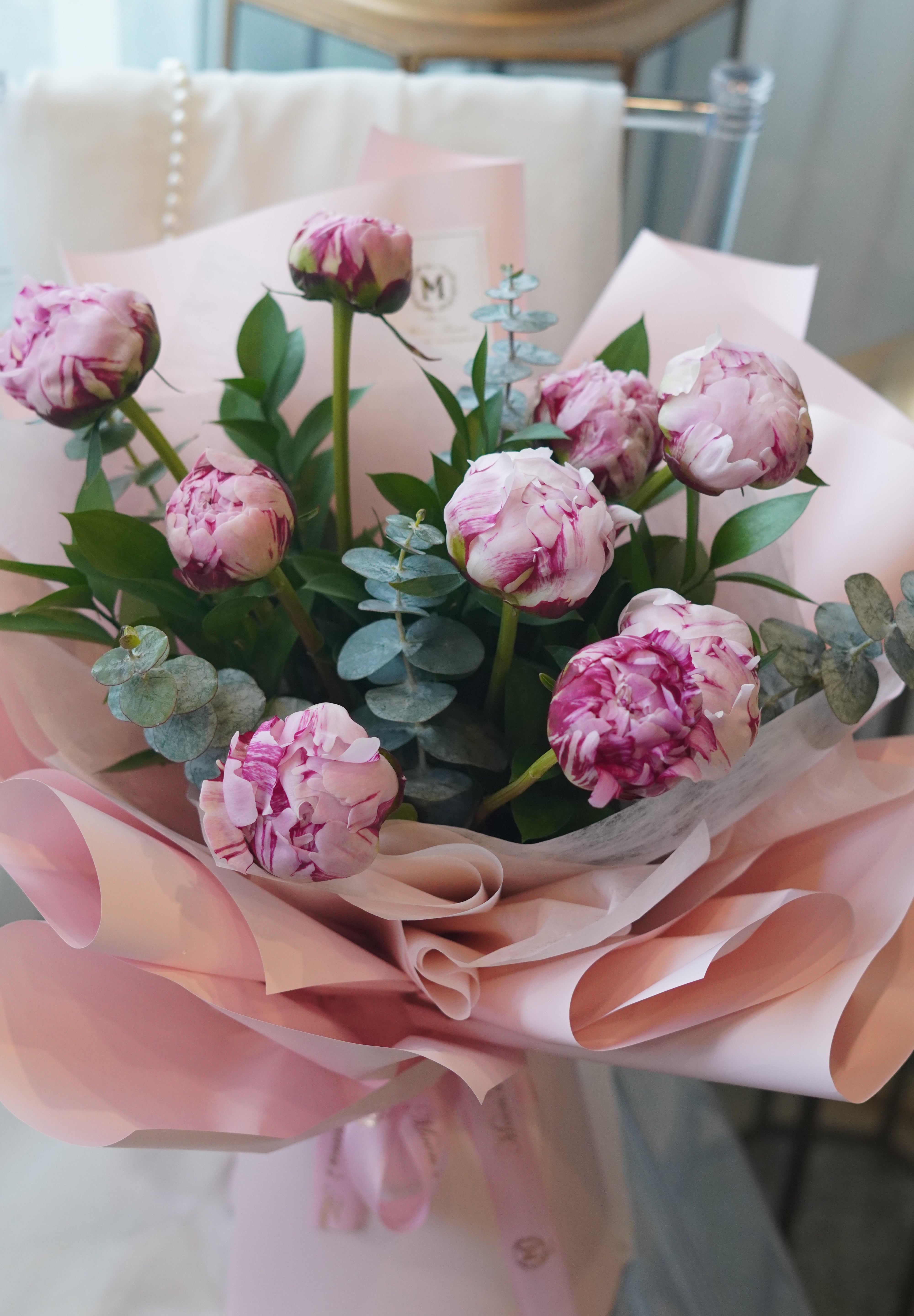 soft romantic peony bouquet eucalyptus detail