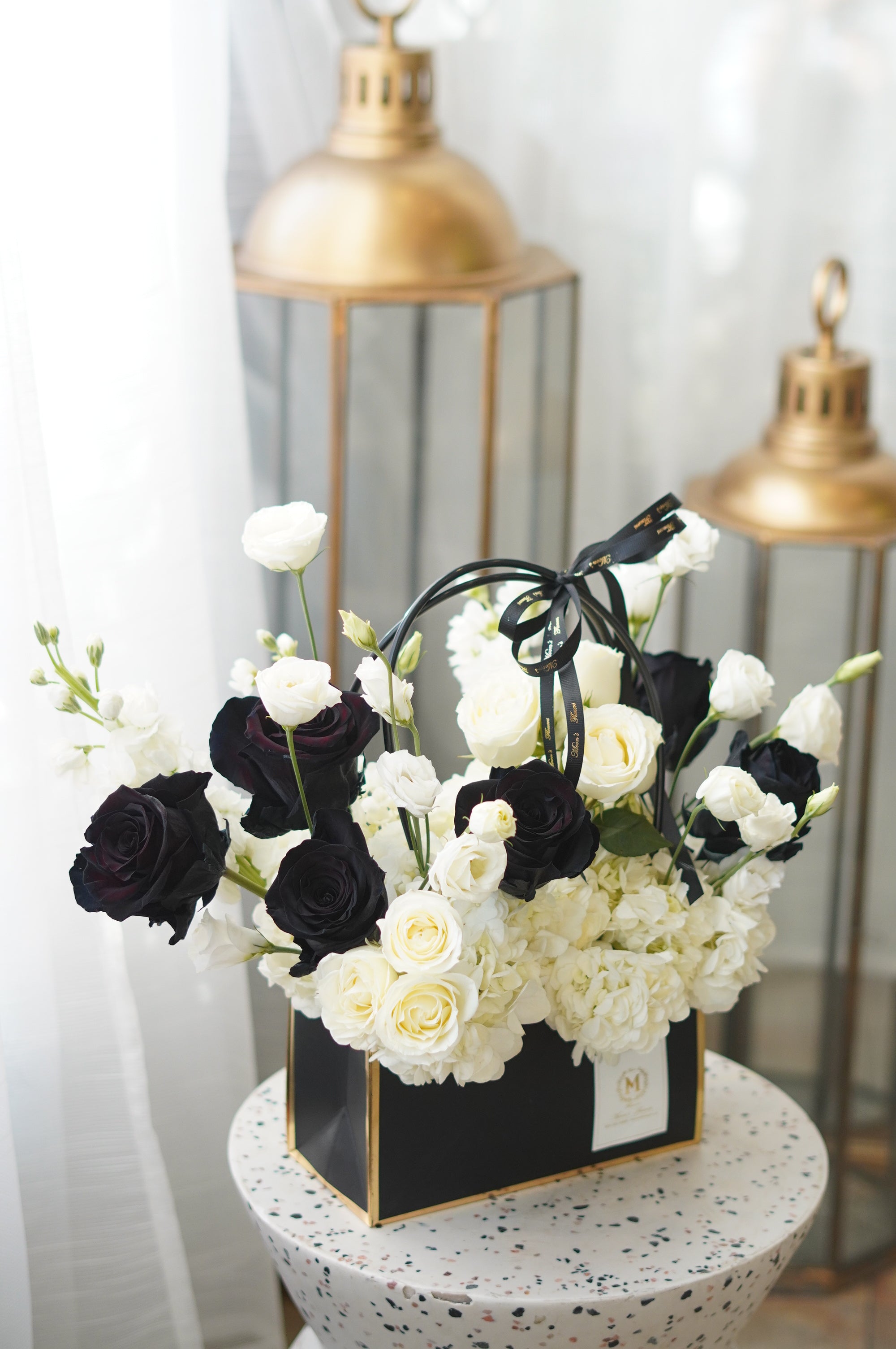 Elegant Black & White Rose Box Arrangement