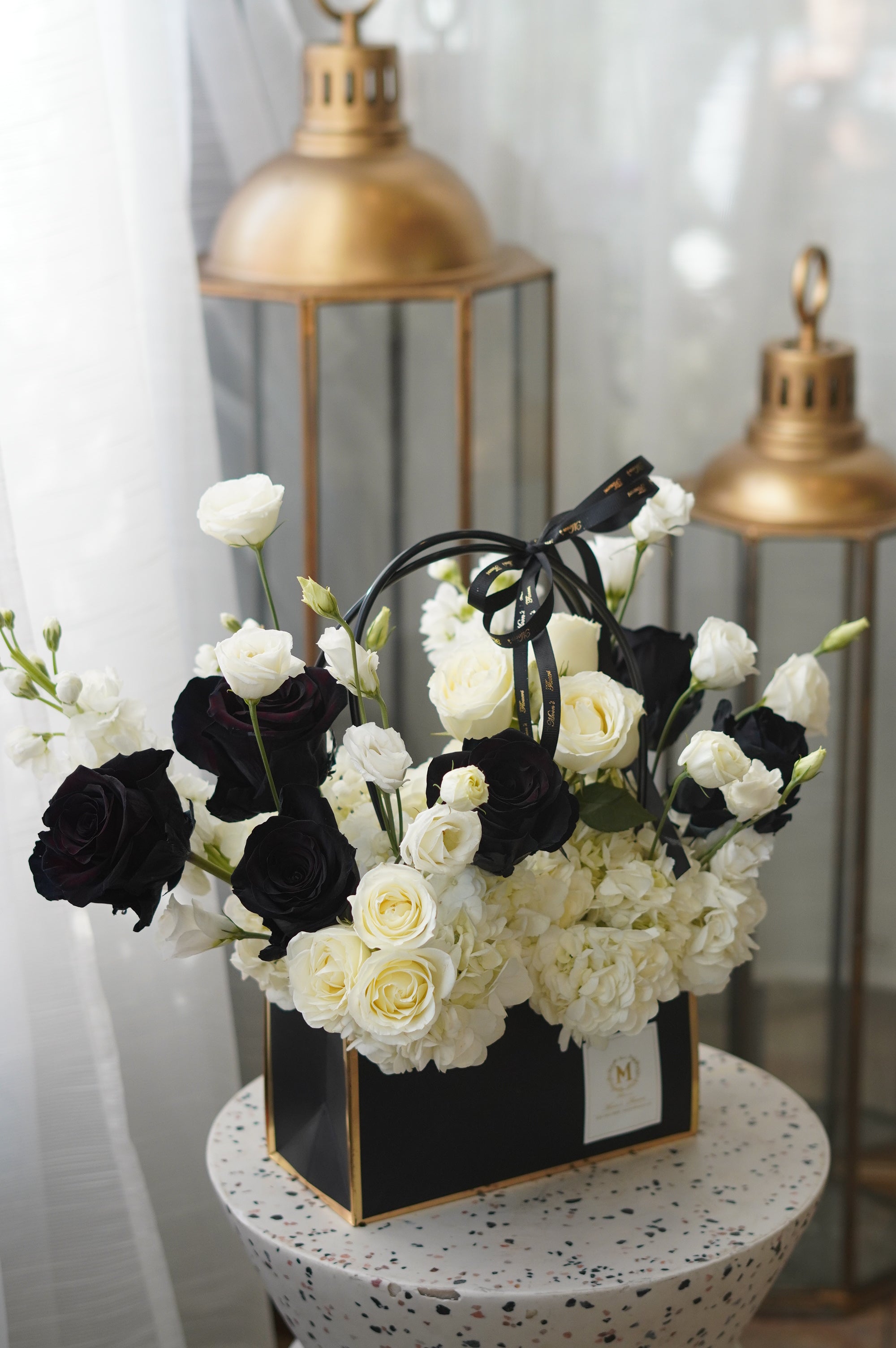 Elegant Black & White Rose Box Arrangement