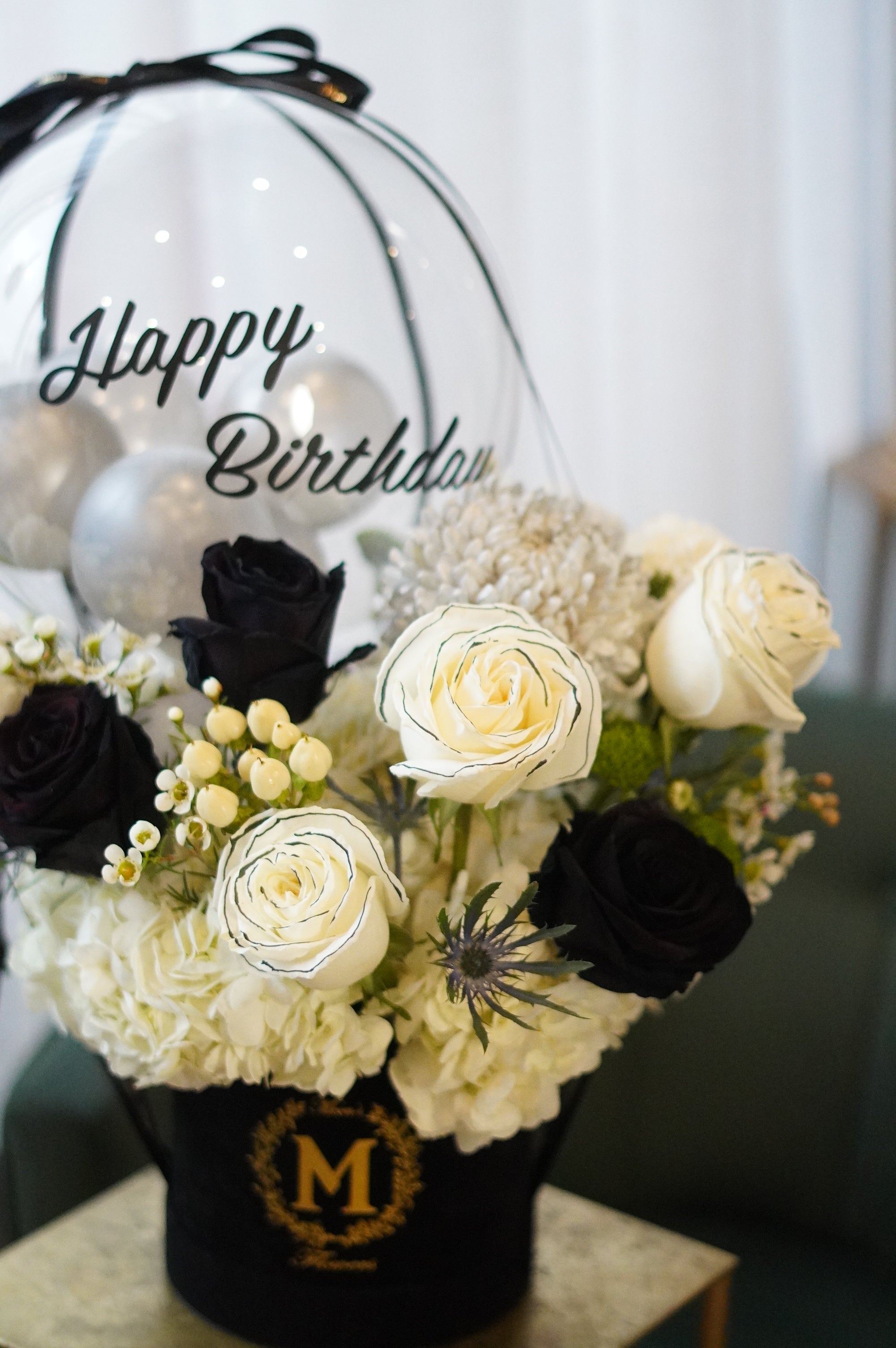 Elegant Black & White Balloon Flower Box