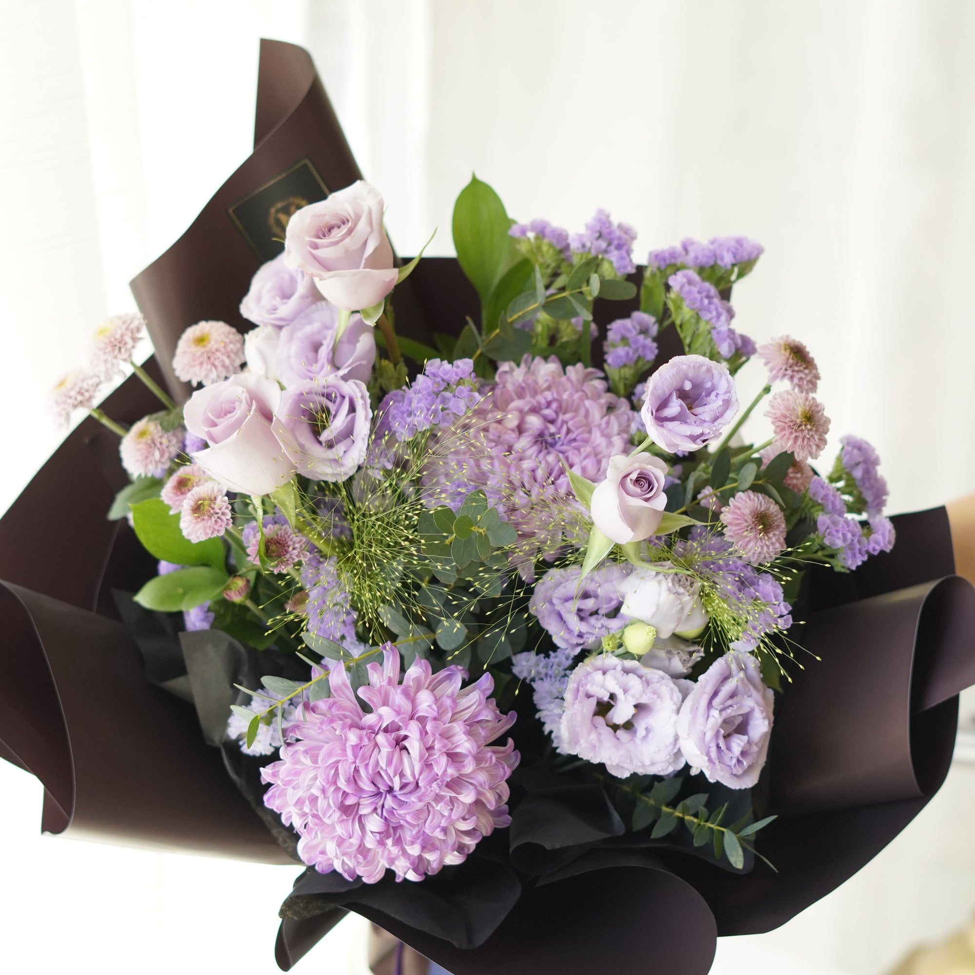 I Purple You lavender and violet bouquet inspired by BTS ARMY featuring purple disbud chrysanthemum, roses, and luxury wrapping