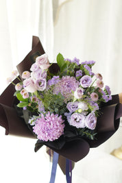 I Purple You lavender and violet bouquet inspired by BTS ARMY featuring purple disbud chrysanthemum, roses, and luxury wrapping