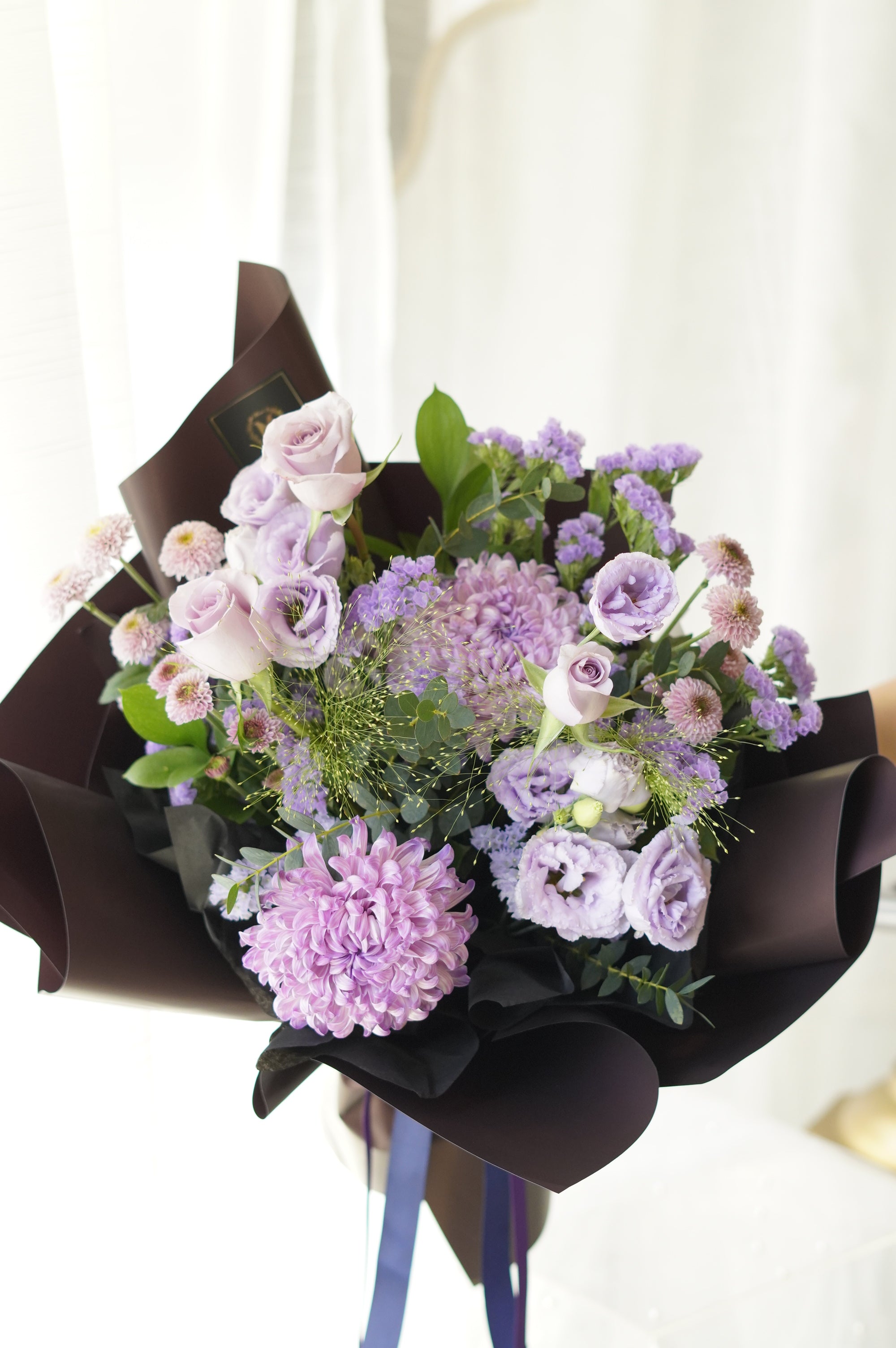 I Purple You lavender and violet bouquet inspired by BTS ARMY featuring purple disbud chrysanthemum, roses, and luxury wrapping