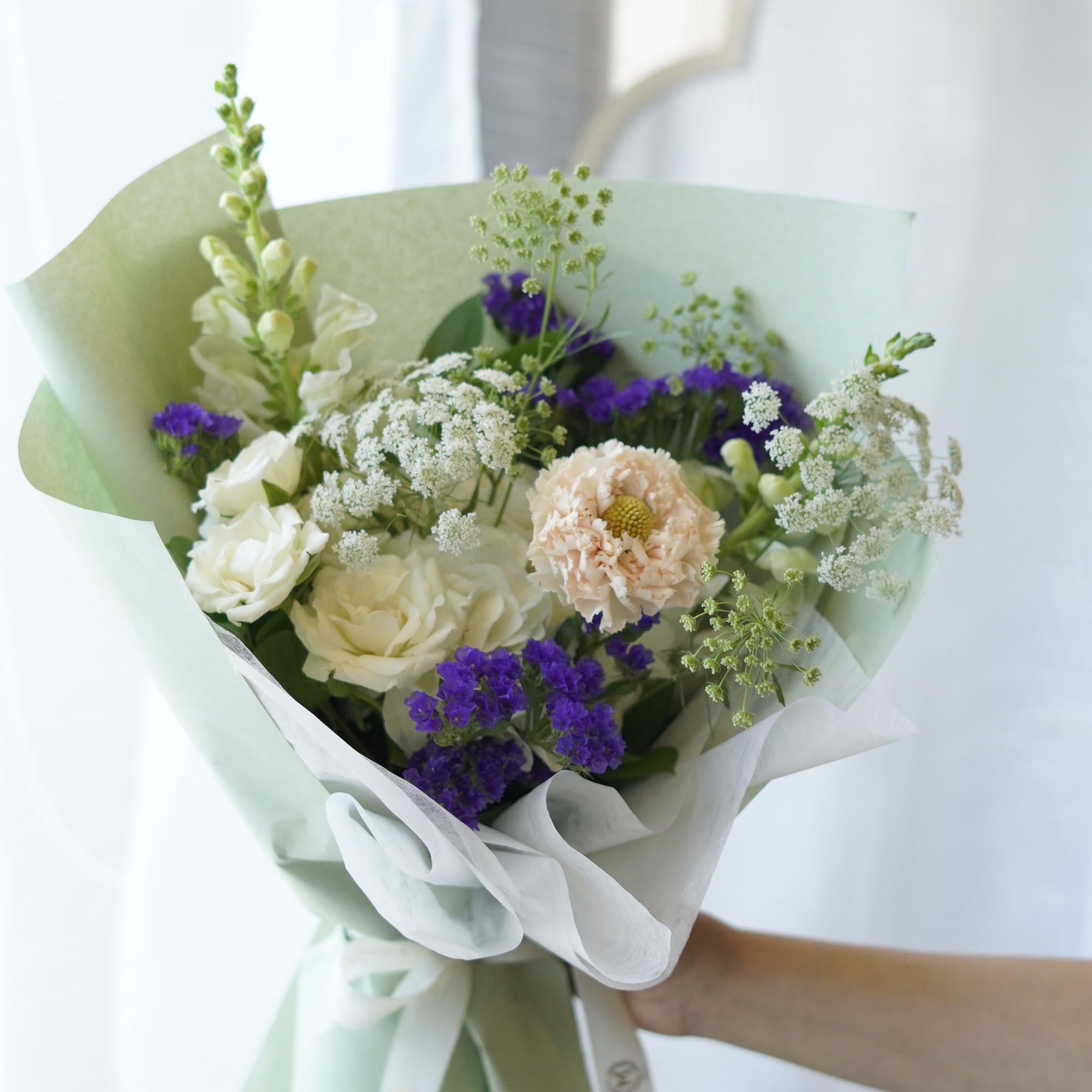 Secret Oasis mixed purple and white meadow-style flower bouquet for summer new collection, available for flower delivery in Oakville and GTA.