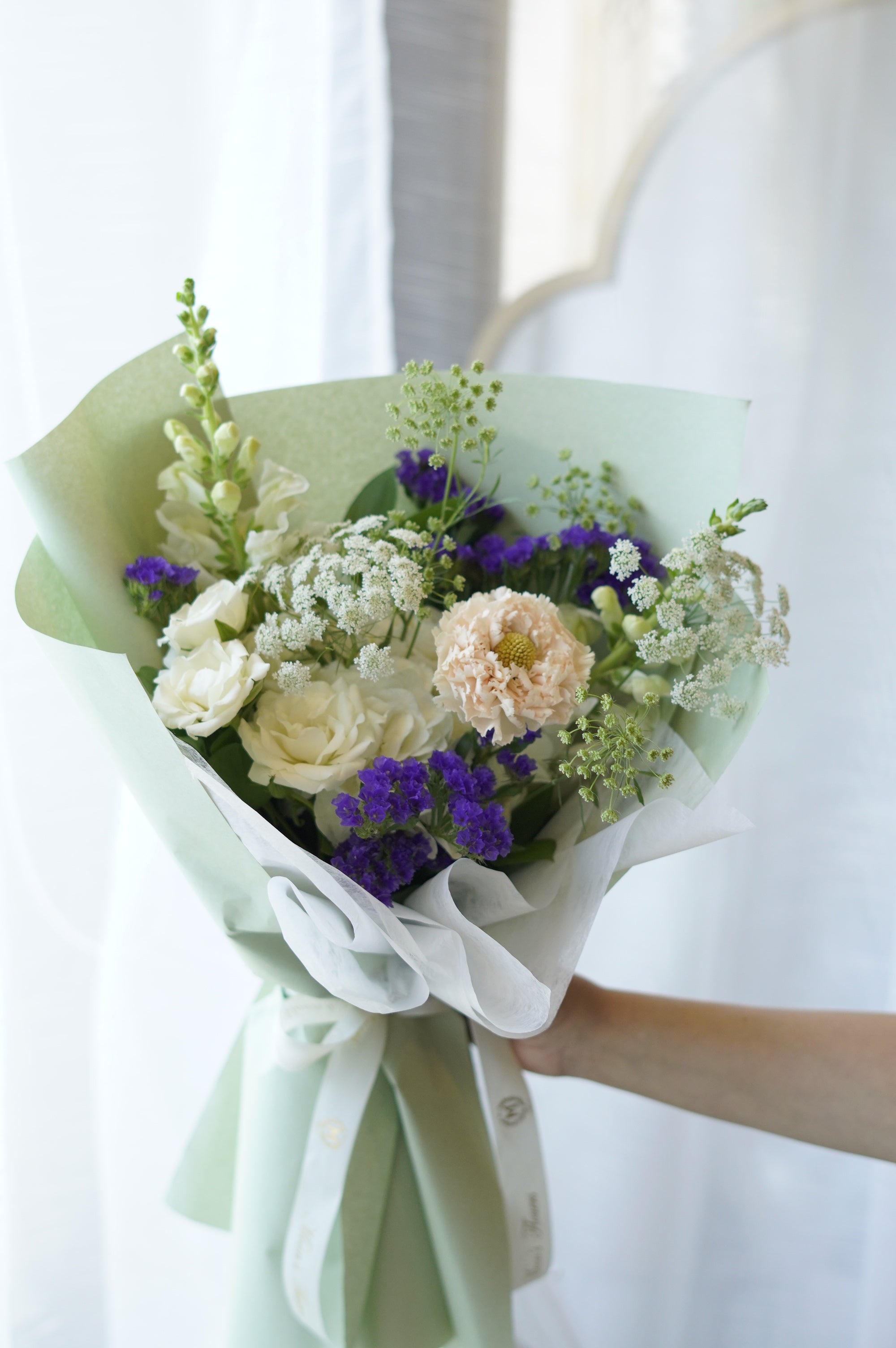 Secret Oasis mixed purple and white meadow-style flower bouquet for summer new collection, available for flower delivery in Oakville and GTA.