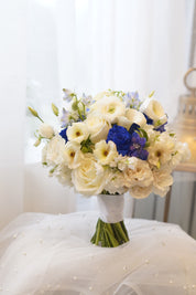 Blue and white flower bouquet with white roses and seasonal flowers, Toronto florist