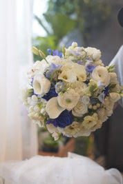 Blue and white flower bouquet with white roses and seasonal flowers, Toronto florist