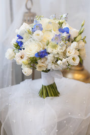 Blue and white flower bouquet with white roses and seasonal flowers, Toronto florist