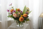 Orange dahlias, blush roses and cosmos floral arrangement — Oakville florist delivery