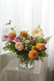 Orange dahlias, blush roses and cosmos floral arrangement — Oakville florist delivery
