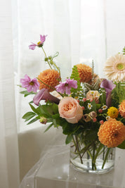 Orange dahlias, blush roses and cosmos floral arrangement — Oakville florist delivery