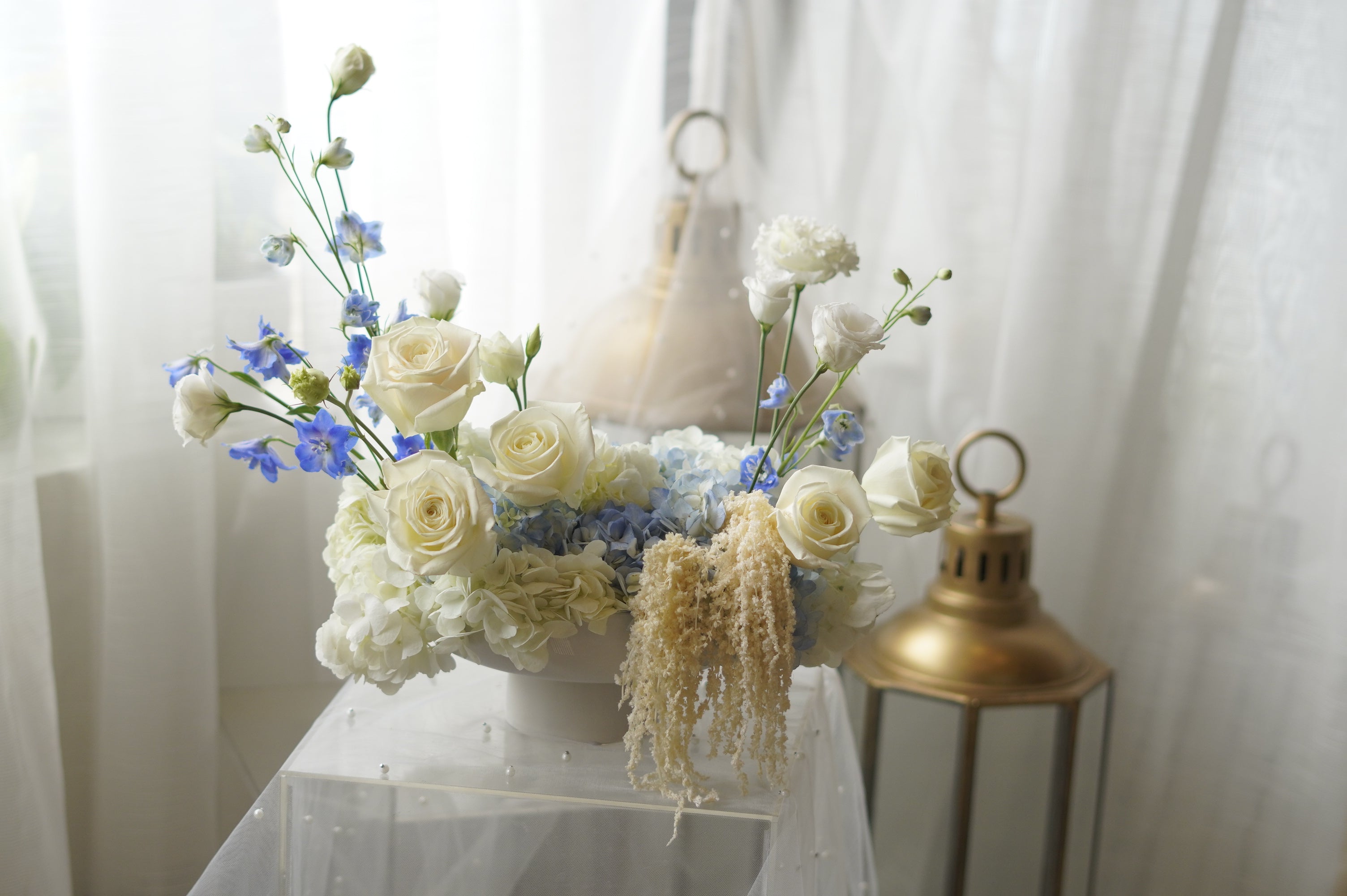 Blue Serenity Flower Arrangement in low bowl — Same-day flower delivery Toronto GTA"