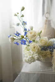 Blue Serenity Flower Arrangement in low bowl — Same-day flower delivery Toronto GTA"