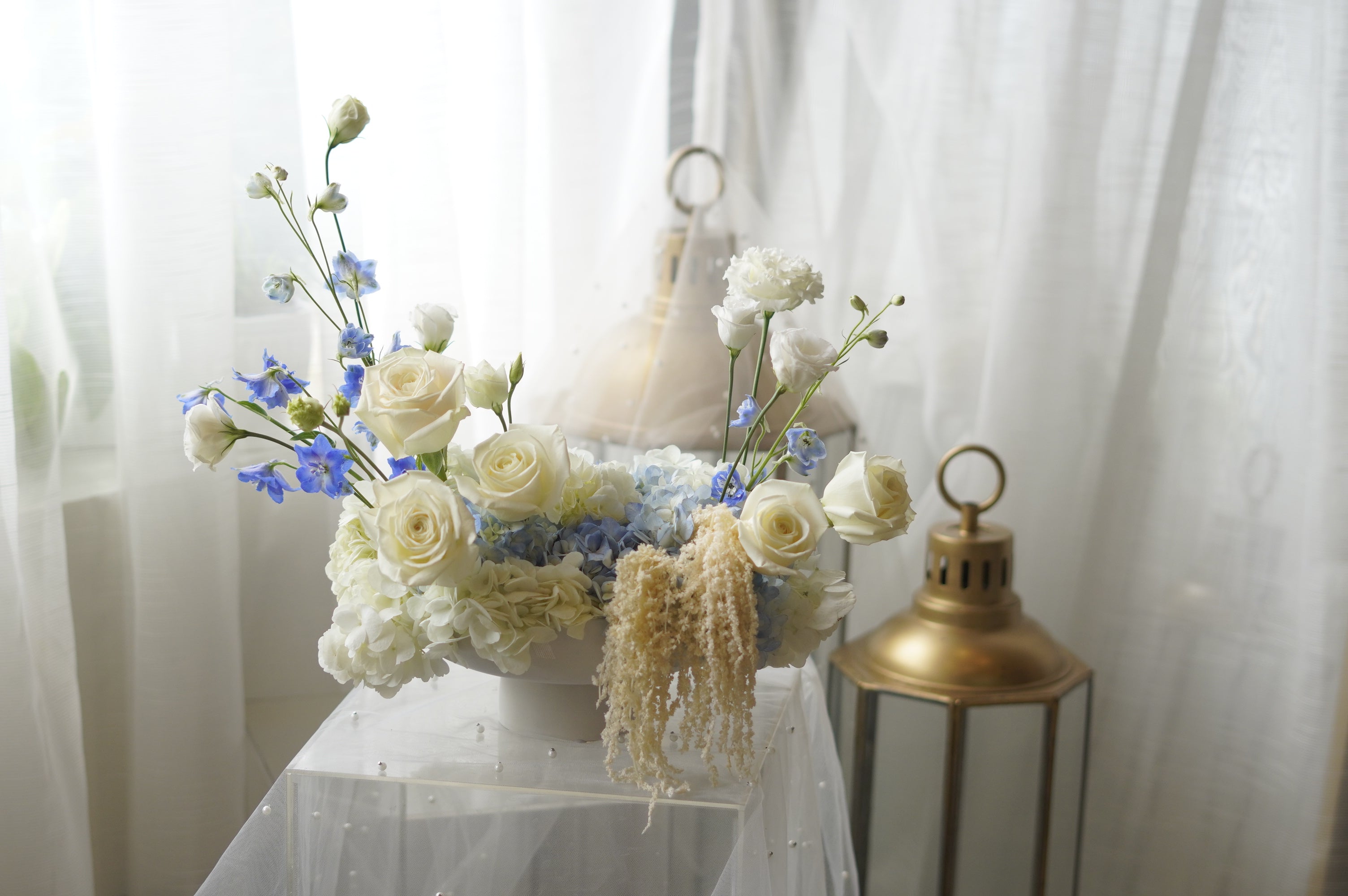 Blue Serenity Flower Arrangement in low bowl — Same-day flower delivery Toronto GTA