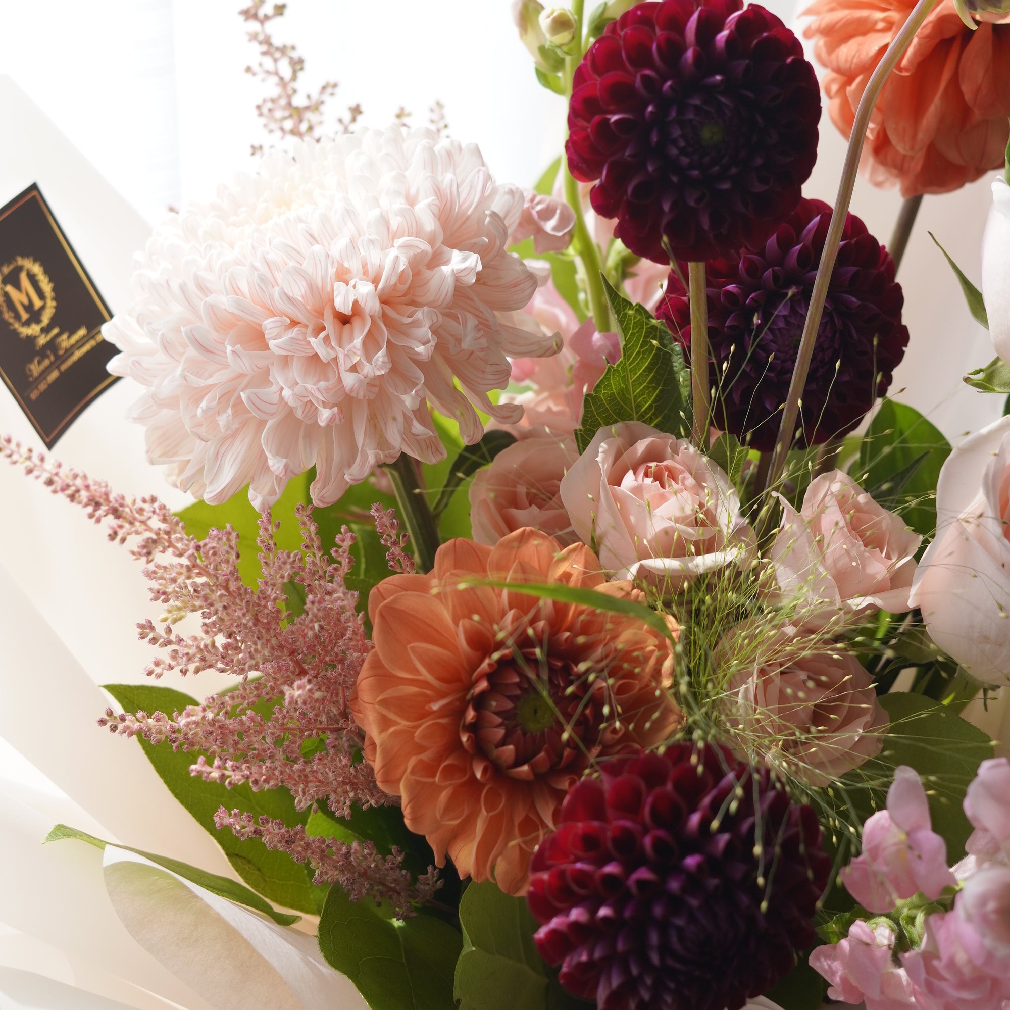 Burgundy and Peach Dahlia Bouquet with Blush Roses — Moon's Flowers Toronto