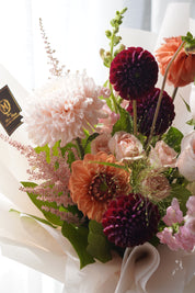 Burgundy and Peach Dahlia Bouquet with Blush Roses — Moon's Flowers Toronto