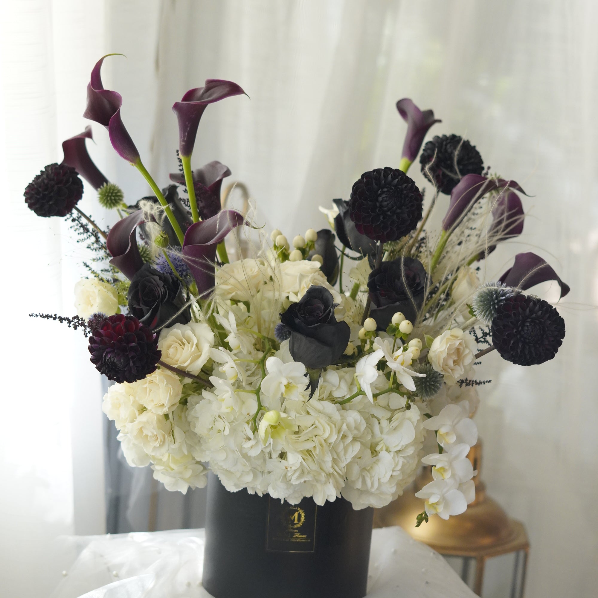 Black Dahlia Calla Lily White Hydrangea Box Arrangement — Editorial Floral Design Toronto