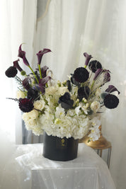 Black Dahlia Calla Lily White Hydrangea Box Arrangement — Editorial Floral Design Toronto