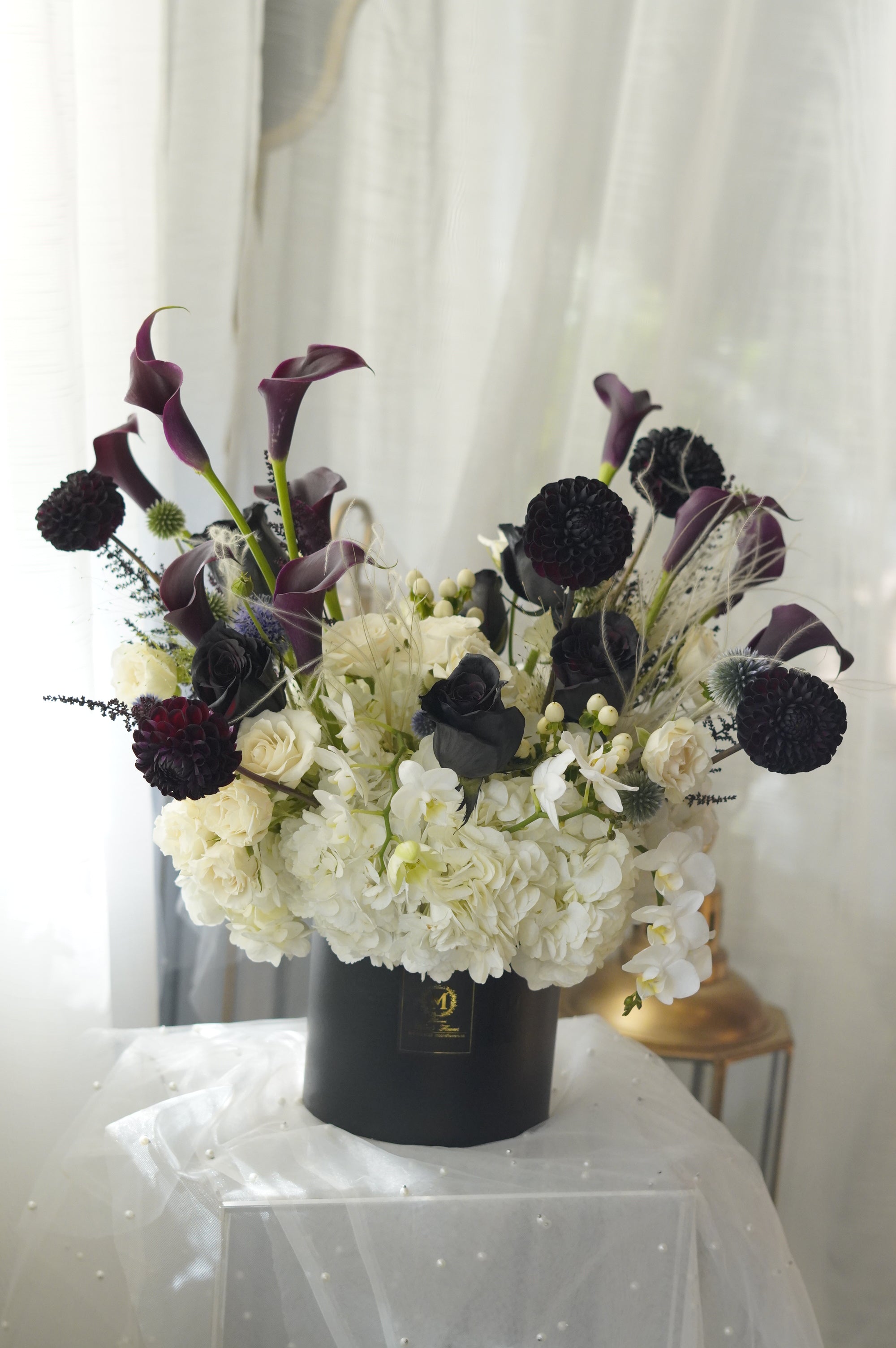 Black Dahlia Calla Lily White Hydrangea Box Arrangement — Editorial Floral Design Toronto